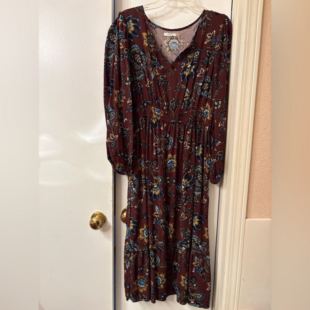 Maurices Long Sleeve Floral Dress in Brown and Blue